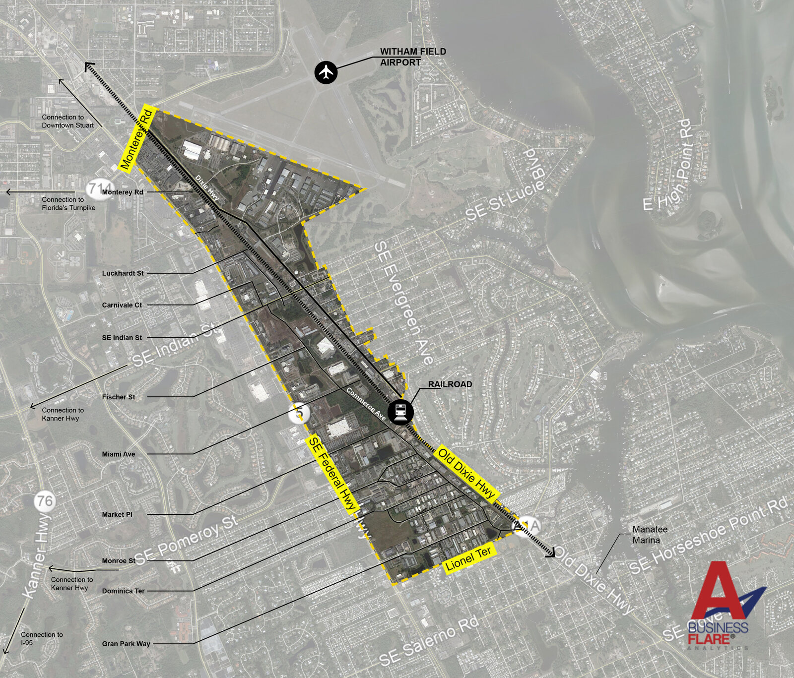 The Innovation District study area along the FEC railway between Stuart and Port Salerno, with corridor and mobility connections. BusinessFlare® Analytics.